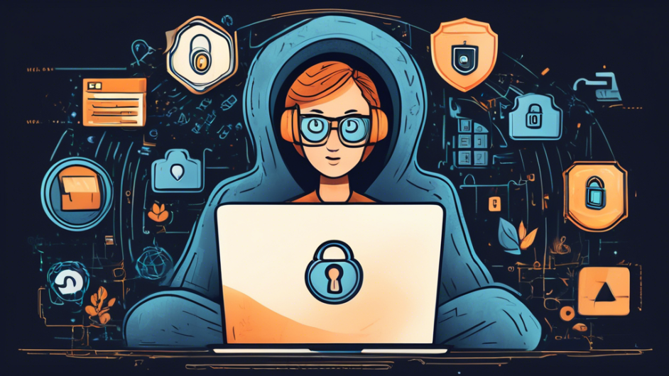 Create an image showcasing a person using a laptop in a cozy, secure environment, surrounded by visual elements representing online privacy protection. Include symbols like padlocks, shields, secure browsers, encrypted data streams, and VPN icons. The person should look vigilant and knowledgeable, demonstrating confidence in safeguarding their online privacy.