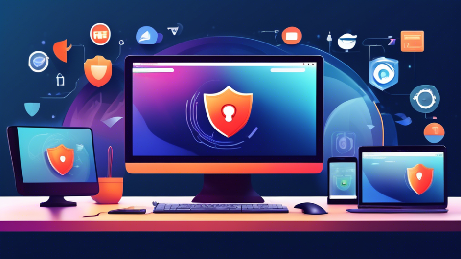 Create an image of a sleek, modern computer setup displaying the Epic Privacy Browser on the screen. The browser interface should highlight its key features like built-in VPN, ad blocker, and privacy protection. Surround the computer with elements symbolizing online privacy, such as padlocks, cybersecurity icons, and shield symbols, with a serene, focused individual browsing securely.