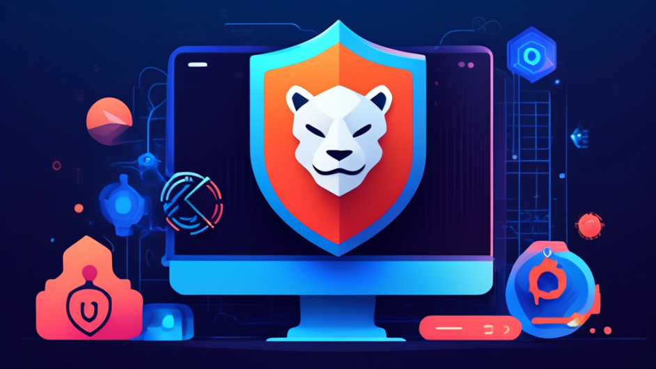 Create an image that showcases the Brave Private Web Browser as a powerful guardian of online privacy. Depict a modern, sleek web browser interface with a shield or lock symbol prominently displayed. In the background, incorporate elements like a digital matrix of encrypted data, happy users feeling safe, and icons for blocking ads and trackers. Use a bright color palette with shades of blues and greens to convey security and trustworthiness.