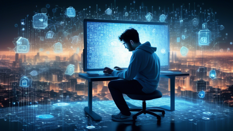 A person meticulously scrubbing a digital footprint on a glowing computer screen. In the background, a cityscape made of binary code dissolves into fragments, while various technology icons like social media, search engines, and cloud storage slowly disappear. The atmosphere is serious with a hint of empowerment, symbolizing the control over personal data.