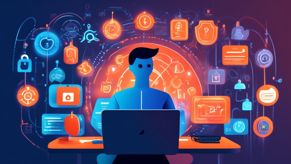 Create an image that visually represents Mastering Online Privacy and Security: Essential Tips for 2023. The scene should include a person confidently navigating the internet on a modern laptop in a cozy, well-lit home office. Surrounding the individual are symbols of cybersecurity such as locks, shields, encrypted data streams, and glowing secure login screens. A calendar on the wall displays 2023, and sticky notes with tips like Use Strong Passwords, Enable Two-Factor Authentication, Keep Software Updated, and Be Wary of Phishing are visible on the desk. The overall tone should be one of empowerment and safety.