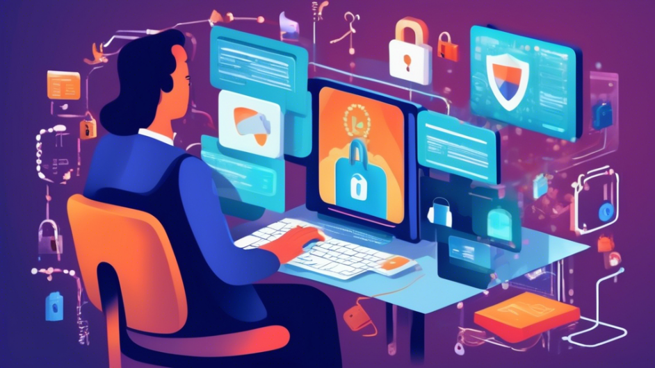 Create an image depicting a person confidently using a computer to remove personal information from the internet. The computer screen should show a user-friendly interface for a reputable site designed for this purpose. Surrounding the person, include various icons and symbols representing data privacy and online security, such as padlocks, shields, and a disappearing document. The background should be a blend of digital elements, emphasizing a secure and efficient cyber environment.