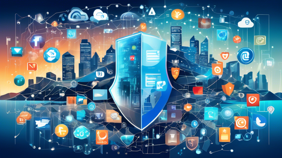 An intricately detailed collage showing various elements of personal information protection, including a shield protecting various icons representing social media, emails, credit cards, and personal documents. The background features a futuristic cityscape with technology and data streams, symbolizing modern digital environments. The mood is professional and secure, highlighting the importance of privacy and personal data protection services.