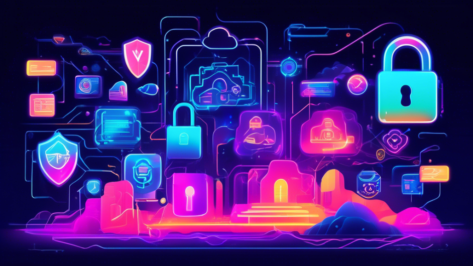 Create an image featuring a vibrant and futuristic digital landscape showcasing various online privacy protection services. Include symbols such as secure locks, encrypted data streams, VPN networks, and vigilant cybersecurity shields. Use glowing neon colors to represent the protection and security in the online world.