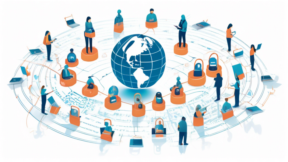 Create an image illustrating the concept of internet privacy: a diverse group of people using laptops and smartphones, surrounded by digital lock icons, encrypted binary code, and interconnected padlocks forming a protective barrier around them. The background should feature a globe to signify the global impact of internet privacy.