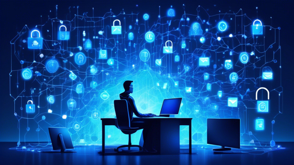 A digital artwork showing a person sitting at a computer surrounded by protective shields and locks, symbolizing online privacy. The background features a network of interconnected icons representing data, social media, and transactions. The overall scene is illuminated with a blue hue, giving a sense of security and trust.