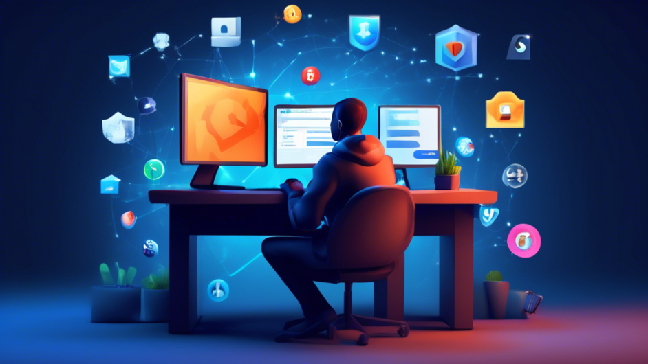 Create an image depicting a person sitting at a computer with multiple private web browser icons displayed on the screen. There should be an aura of security and privacy, with elements like shield symbols, lock icons, and a clean, uncluttered interface. The setting should be a cozy, well-lit room that suggests a safe and private environment for browsing the web.