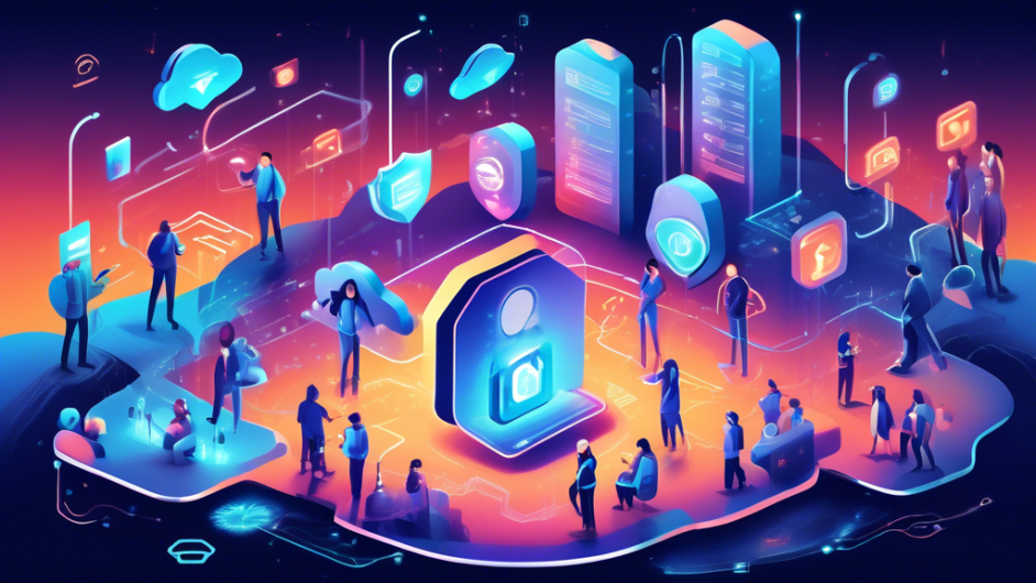 Create an image depicting a futuristic digital landscape where advanced cybersecurity measures protect user privacy. Show a diverse group of people interacting safely online, with encrypted data streams, secure locks, and shield icons symbolizing protection. Incorporate elements like AI guardians, virtual firewalls, and secure cloud storage to emphasize enhanced security and privacy on the internet.