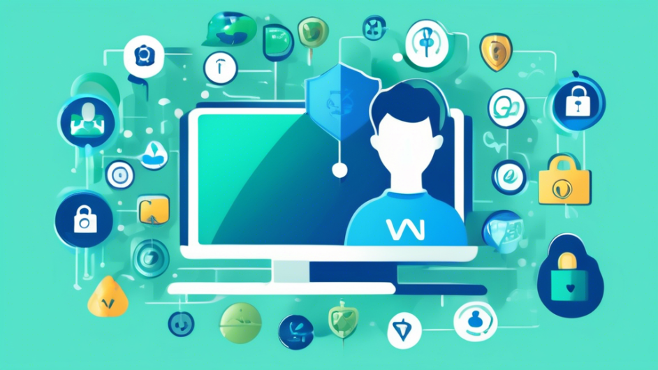 Create an image featuring a person confidently using a computer with various privacy and security icons floating around them, such as a padlock, shield, VPN symbol, and fingerprint. The background should include calming hues of blue and green, evoking a sense of safety and protection in the digital world. The person is surrounded by gadgets like a smartphone, tablet, and smart home devices, all connected by a secure digital network. In the forefront, include icons for privacy tools like password managers and two-factor authentication symbols.