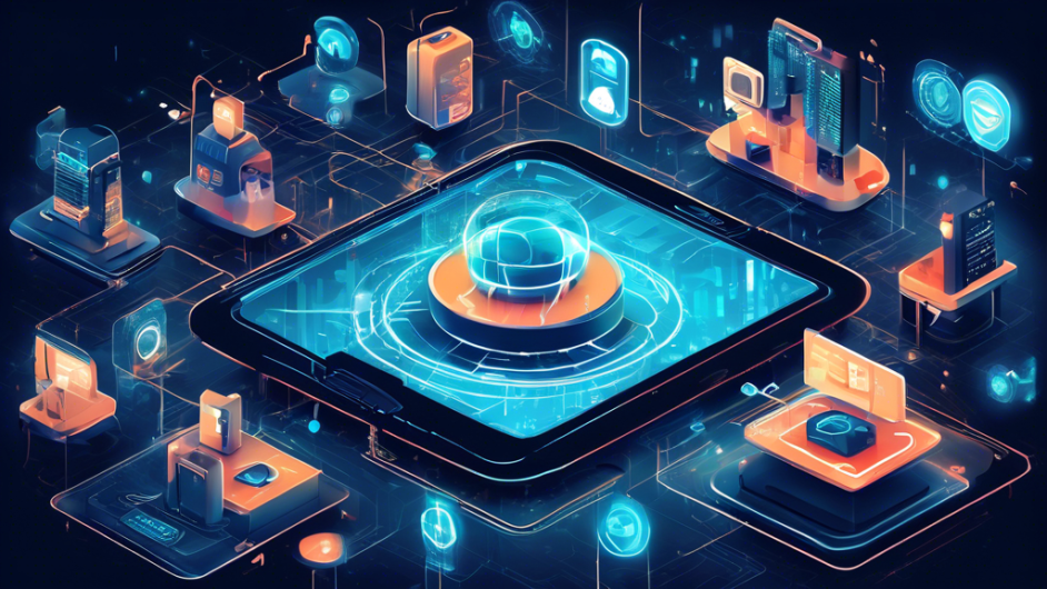 Create a futuristic, tech-focused illustration showcasing interconnected IoT devices with strong security and privacy features. Include elements like smart home gadgets, wearable technology, and industrial sensors, all enveloped in a protective shield symbolizing robust security. Integrate digital locks, encrypted data streams, and cybersecurity icons like shields and locks, set against a backdrop of a modern, interconnected cityscape. Emphasize the year 2023 subtly within the design.