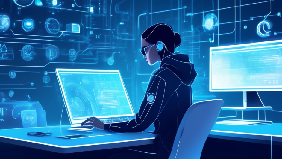 Create a digital illustration of a serene, futuristic workspace featuring a person browsing the internet on a sleek, modern computer. The screen should display a private browser interface with encrypted data symbols, conveying security and privacy. Around the person, transparent shields or locks can be seen, symbolizing protection. The ambiance should be cool and technologically advanced, with soft blue and white tones, highlighting the benefits of an online private browser.