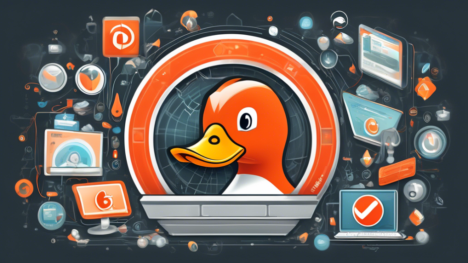 Create a digital illustration of users navigating the internet on a sleek, modern web browser interface that prominently features the DuckDuckGo logo. Surround the scene with elements symbolizing privacy and security, such as shields, locks, and private browsing icons. Ensure the background conveys a sense of a secure, futuristic digital environment.