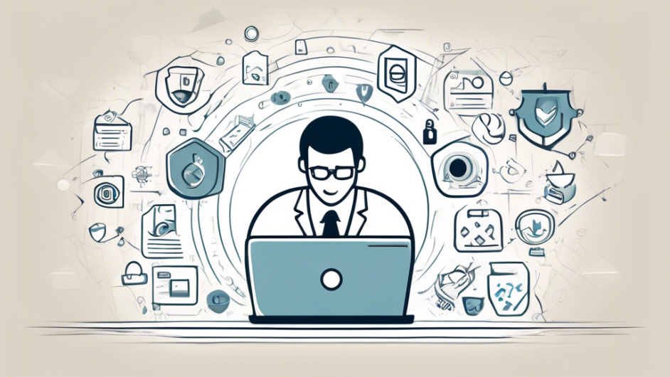 Illustration of a businessperson using a laptop to create an online privacy policy for their website, with icons showing privacy shields, checkboxes, and documents. The background includes symbols of the internet, such as browsers and security locks, signifying protection and privacy.