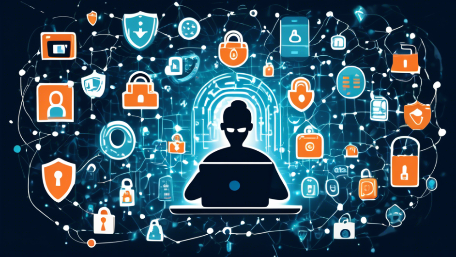 A digital illustration of a person securely using a laptop and smartphone, surrounded by floating security icons such as padlocks, shields, and encrypted keys. The background features a network of interconnected dots and lines, symbolizing the internet. The person appears calm and in control, indicating confidence in their digital security.