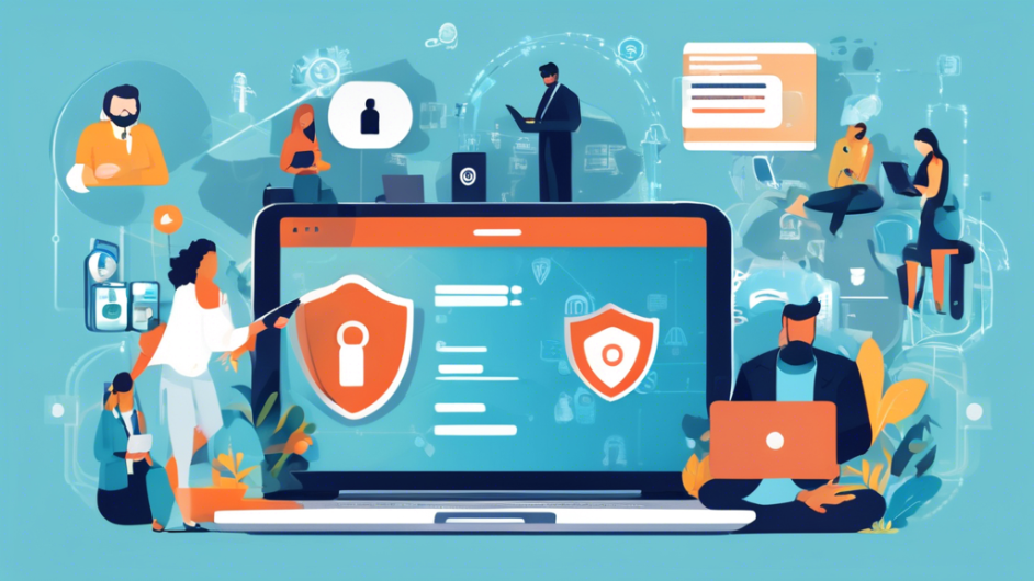 Create an image that illustrates the concept of online information protection, featuring a diverse group of people using various devices like laptops, smartphones, and tablets. Include elements like strong passwords, two-factor authentication, VPNs (Virtual Private Networks), encrypted messaging apps, and cybersecurity shields. The background should showcase a digital environment with symbols of privacy and security, such as locks and keys, secure clouds, and protected data flows.