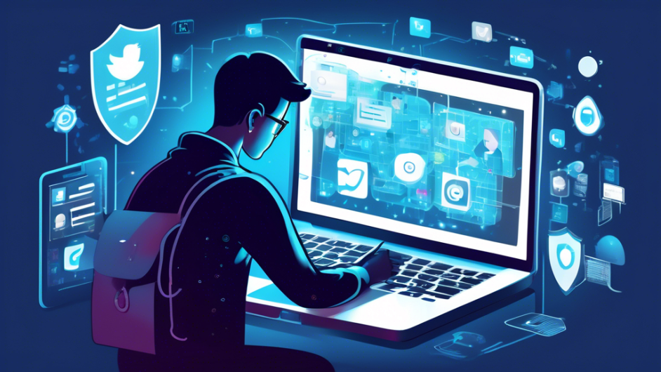 Illustration showing a person using a laptop, carefully deleting their personal information from various websites displayed on the screen. Icons of social media, search engines, and data brokers surround the person. Behind the user, a digital shield symbolizes protection and privacy. The overall atmosphere is focused, secure, and empowering.