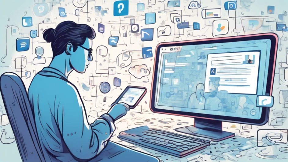 A digital illustration showcasing a person using a computer to delete personal information from various online platforms. The scene includes icons of popular social media sites, email services, and data removal tools fading away on the screen. The atmosphere should convey a sense of security and privacy.