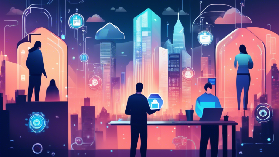 Create an image illustrating digital privacy protection. The image should depict a serene, secure digital environment where individuals' data is protected. Incorporate elements that symbolize online privacy, such as shield icons, padlocks, and encrypted data streams. Background elements could include a calm, futuristic cityscape with people confidently using their devices. Emphasize a sense of safety and tranquility.