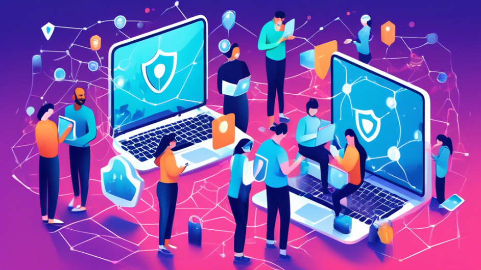 Create a digital illustration showcasing a diverse group of people using various devices such as laptops, smartphones, and tablets while surrounded by a shield or protective bubble symbolizing online privacy. The backdrop should feature a global network with interconnected nodes, emphasizing the worldwide web and digital connectivity. Subtle elements like padlocks, encrypted codes, and icons of VPN services can be used to enhance the theme of safeguarding digital footprints.