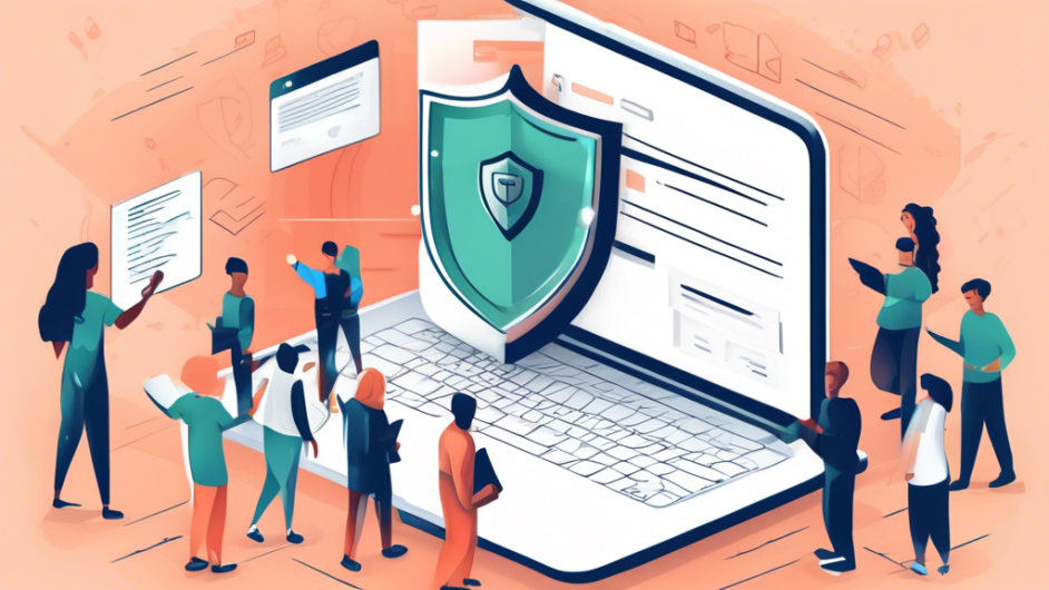 Create an image depicting a secure website with a shield icon symbolizing privacy protection, along with a document labeled 'Privacy Policy' being approved by a diverse group of people. The scene should convey trust, security, and transparency.