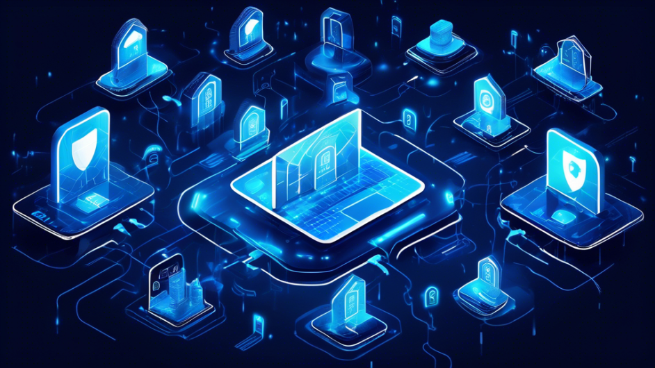 Create an image depicting a futuristic digital landscape with various high-tech company buildings prominently displaying shields and padlocks as their logos. Each building symbolizes robust data protection and privacy, with interconnected, secure networks represented by glowing blue lines. People using devices such as laptops and smartphones are shown with icons of locks and secure symbols hovering around them, emphasizing their protected online presence. The background showcases a vibrant cityscape blending natural elements with advanced technology, representing a secure and innovative future.