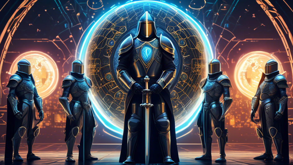 Create a detailed and visually engaging image depicting the top internet privacy companies as vigilant guardians. They are represented as modern, high-tech knights with shields and armor, each emblazoned with their distinct logos. They stand in formation protecting a glowing orb symbolizing online data. The background shows a digital world with interconnected networks. The scene has a futuristic atmosphere, blending elements of technology and security.