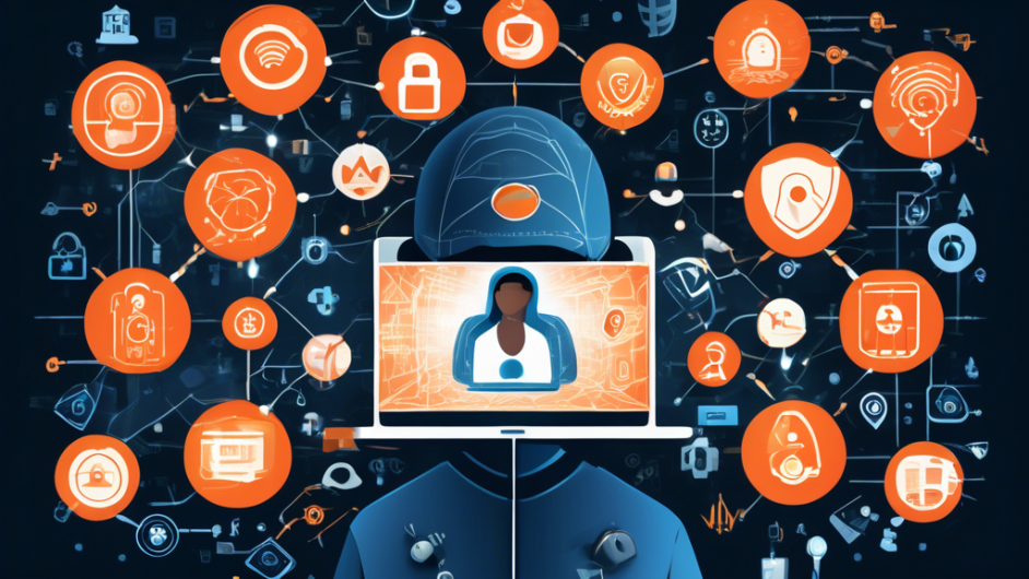 Create an image depicting a person in a secure, high-tech environment, surrounded by icons representing various internet privacy services such as VPNs, encrypted messaging, firewall, and antivirus software. The background should feature digital locks and shields symbolizing data protection, while the person looks confident and safe as they navigate the online world.