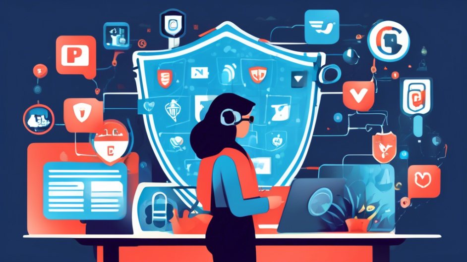 A digital illustration showcasing various strategies for protecting internet privacy. There are multiple elements in the image such as:nn1. A person at a computer with a shield icon on the screen, symbolizing antivirus software.n2. A smartphone displaying a VPN connection.n3. Multiple locked padlocks surrounding icons representing different online platforms (social media, emails, etc.).n4. A magnifying glass over a privacy policy document.n5. A secure password represented by key symbols.n6. An incognito browsing window.n7. A two-step authentication process with a smartphone receiving a verification code.n8. An encrypted email symbol.n9. A firewall graphic protecting a network.nnThe overall design should be modern and informative, emphasizing the importance of each element in protecting internet privacy.