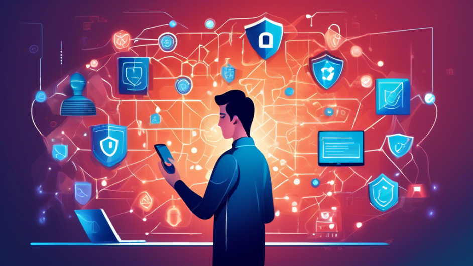 A digital illustration of a person using their smartphone and computer with various cybersecurity icons surrounding them, such as shield symbols, locked padlocks, and secure checkmarks. The background features a blend of interconnected nodes and lines representing a secure internet network. The scene conveys a sense of safety and protection, emphasizing modern strategies for safeguarding personal data online.