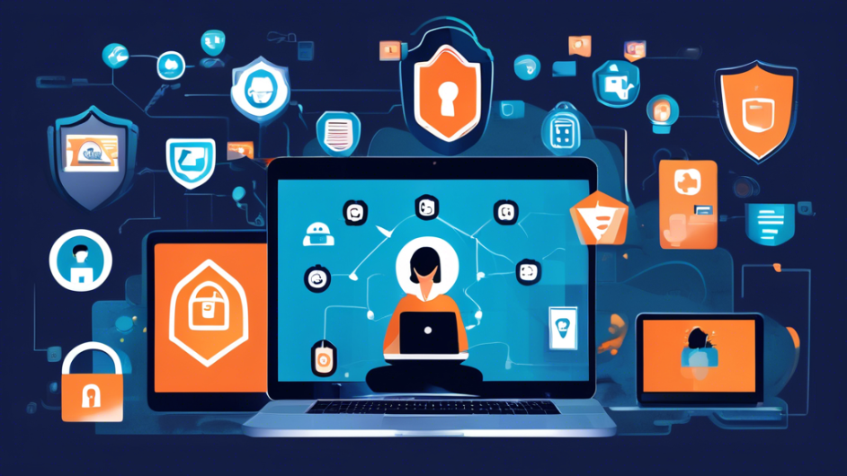 A creative illustration showing a person using multiple devices such as a laptop, smartphone, and tablet, with digital shields and locks surrounding them symbolizing privacy protection. The background can include icons representing various online privacy tips such as VPN, strong passwords, secure settings, and encryption. Include an aura of cybersecurity elements like firewalls and antivirus shields to emphasize a safe and private online environment.