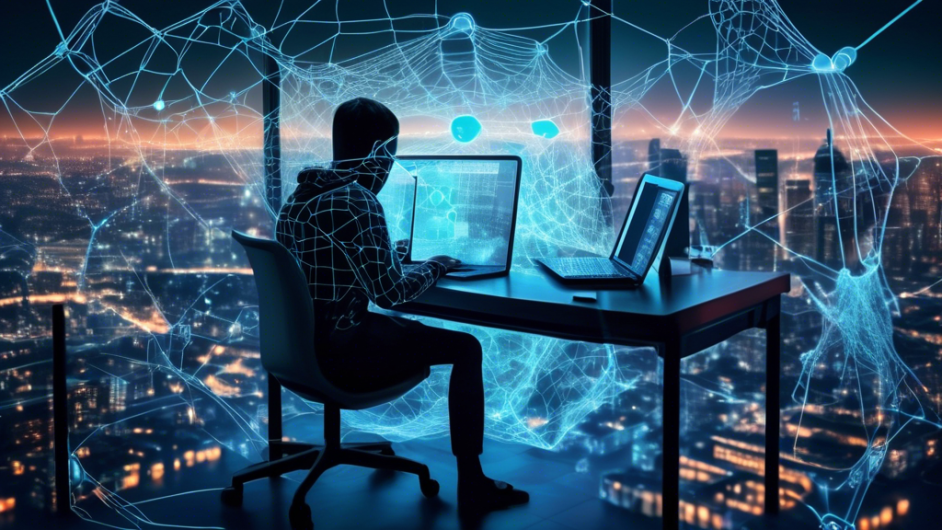 Create an image that depicts the concept of a privacy net in the digital age. Show a person sitting at a computer, surrounded by a glowing, protective web that safeguards their data from hovering symbols of threats like hackers, surveillance cameras, and digital data streams. The background should include a modern cityscape at dusk, highlighting both the interconnectedness of technology and the need for personal privacy.