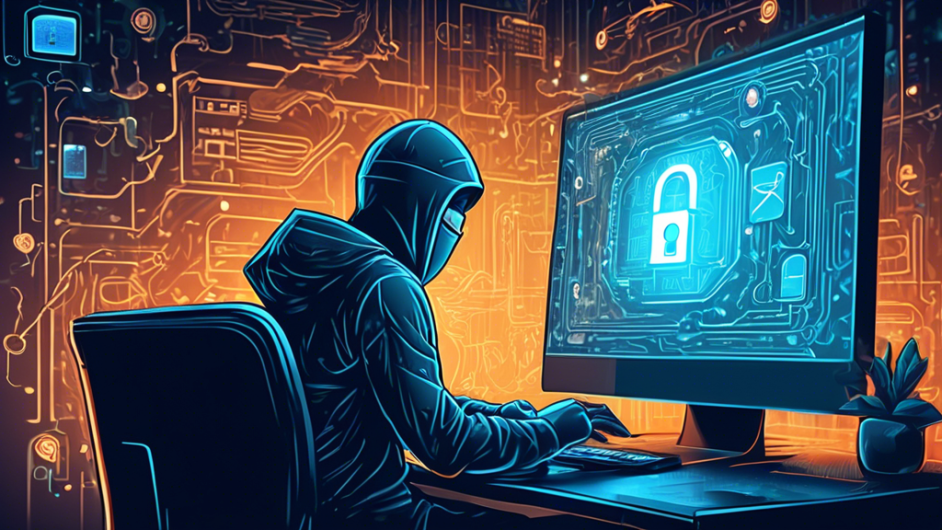 Create a digital illustration depicting a person using a computer with a private browsing window open. Show a lock icon on the browser window and various security elements like shields, encrypted codes, and privacy icons. The background should portray a secure, virtual environment with glowing circuits and layered security barriers, emphasizing enhanced online security and privacy.