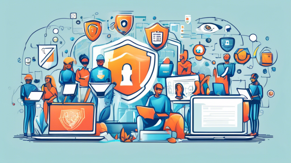 Create an image portraying a diverse group of people using various devices such as laptops, smartphones, and tablets, all protected by a digital shield symbolizing internet privacy. Show icons of leading internet privacy services recommended for 2023 floating in the background. Ensure the setting exudes a modern and secure technological environment.