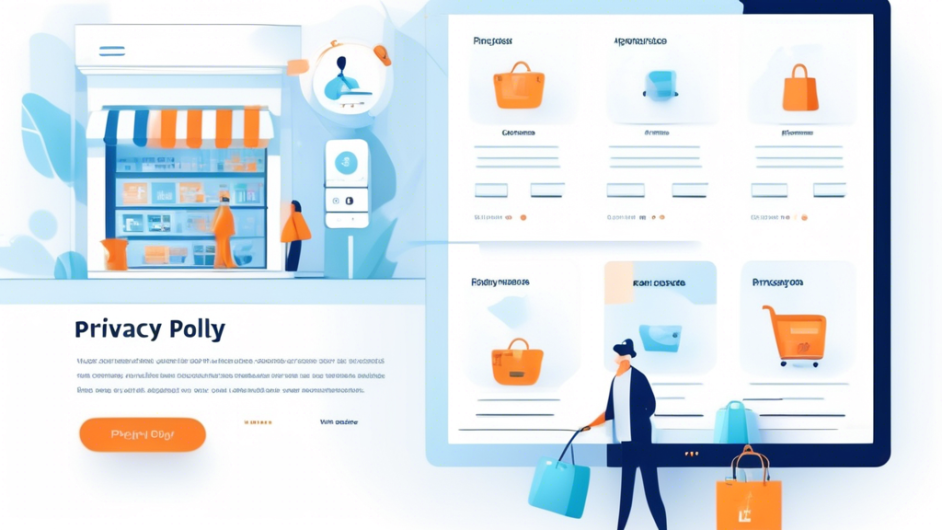 Create an image depicting a modern online store website interface, highlighting a prominent 'Privacy Policy' section. The interface should include visually appealing icons representing security, user consent, and data protection, alongside a neatly organized and professional-looking privacy policy text. Incorporate elements like shopping carts, product listings, and navigation menus to emphasize the e-commerce setting. The overall design should convey a sense of trust and security to the users.