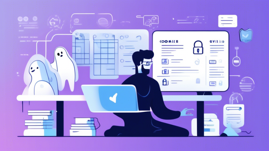 Create an illustration showing a professional web developer working on a laptop, with a checklist beside them. The checklist has items like User Data Protection, Cookie Consent, and GDPR Compliance clearly marked. Behind them, there's a transparent ghost-like figure representing online privacy overseeing the work. The background features a simple, modern office setting with subtle icons of locks, shields, and internet symbols to emphasize security and compliance.