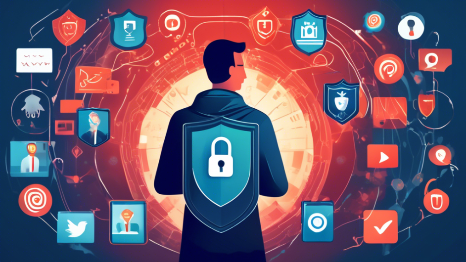 Create an illustration of a vigilant person using a digital shield to protect themselves from various online threats like data breaches, spying eyes, and cyber-attacks. The background should feature icons of social media, passwords, and personal information being deflected by the shield, symbolizing robust online privacy protection. The overall concept should convey a sense of security, privacy, and proactive measures in the digital world.