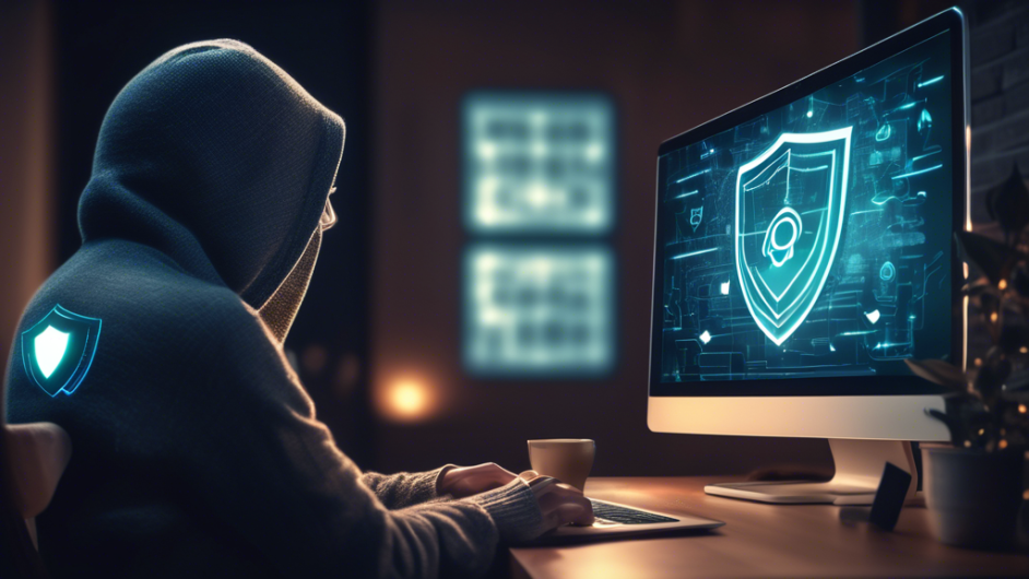 Create an image of a person using a laptop in a cozy, modern home setting, with a shield icon displayed on the laptop screen to symbolize security. Around them are subtle digital visuals like padlocks, encrypted codes, and a glowing globe, indicating global online privacy and protection. The atmosphere is calm and secure, highlighting the importance of using Intego Privacy Protection VPN for enhanced online security.