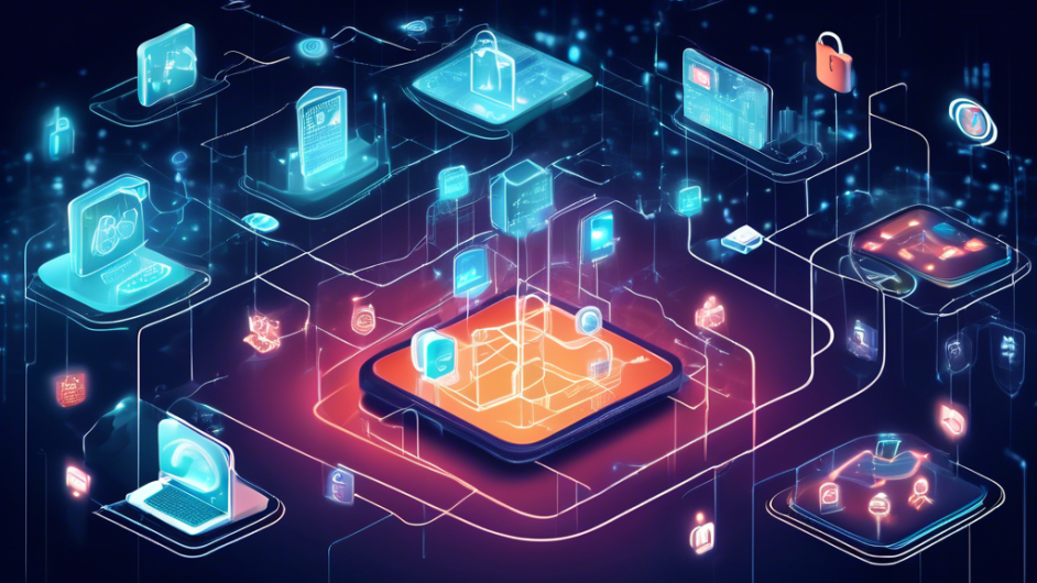 Create an image illustrating the concept of enhancing IoT security and privacy. The scene should be a high-tech urban environment, where various smart devices like cameras, home assistants, and wearable gadgets are interconnected through a glowing network. Include symbols of security such as padlocks, shields, and encrypted codes interwoven with the network lines. In the background, represent a security control center with professionals monitoring the IoT network and implementing security protocols. Ensure the atmosphere reflects both technological advancement and a sense of robust protection.