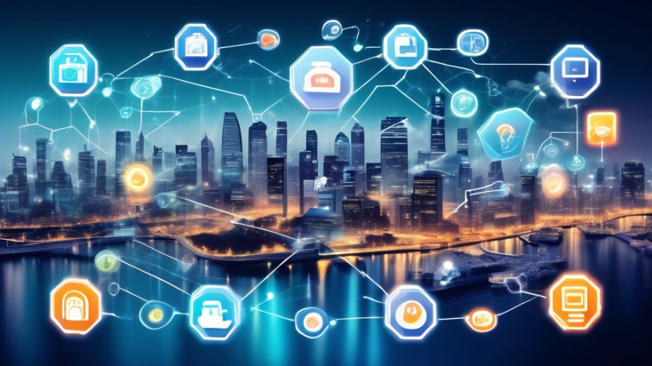 Create an image depicting a connected world with various Internet of Things (IoT) devices like smart thermostats, cameras, and wearables. Show strong security measures through symbols like locks and shields around the devices, and incorporate elements of digital privacy with icons such as encrypted data streams and secure network connections. Blend a futuristic cityscape background to emphasize the advanced technology and interconnected nature of modern life.