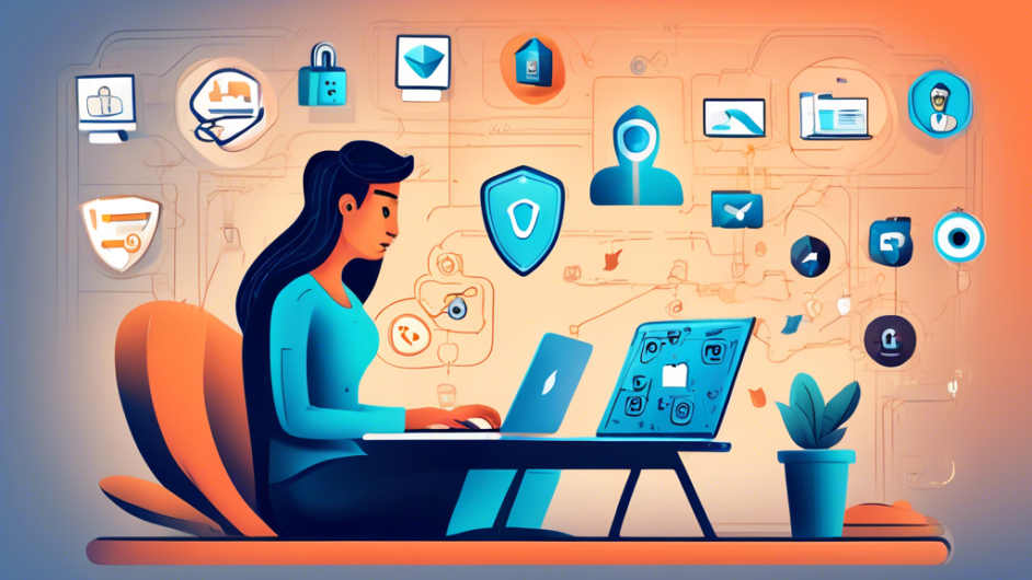 Create an illustration of a person confidently using a laptop in a cozy home office, surrounded by icons representing online privacy tools like a VPN, password manager, and two-factor authentication. The scene should include elements like a secure lock symbol, encrypted data, and a privacy shield, symbolizing a safer internet experience.