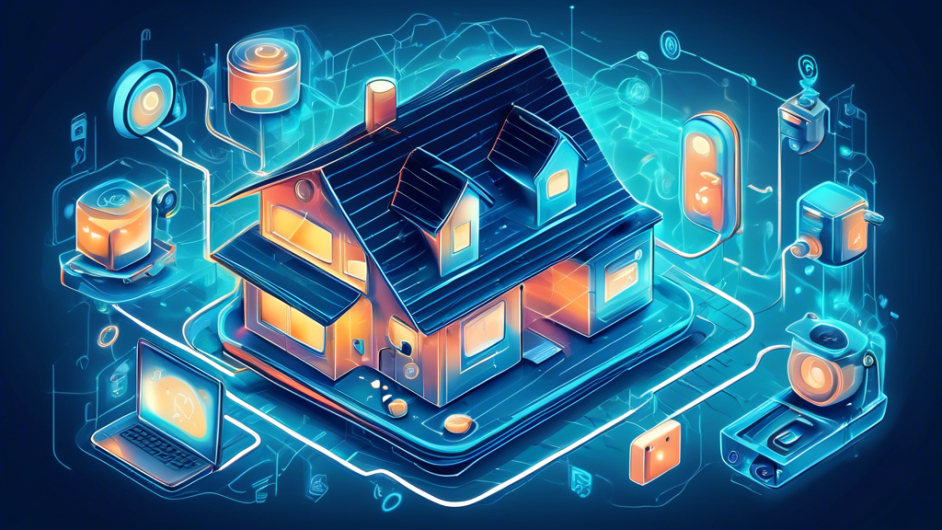 Create an illustration of a smart home filled with various IoT devices like smart thermostats, security cameras, and connected appliances. Add a padlock symbol integrating with a digital network to represent security and privacy. Use cool and modern tones to give it a futuristic vibe, showing a harmonious blend of technology and safety.