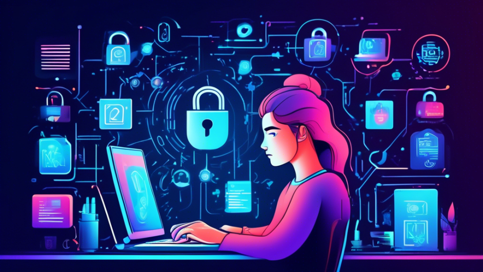 A digital illustration of a person at a computer, surrounded by icons symbolizing online privacy such as padlocks, shields, fingerprint scans, and VPNs, all set in a modern, high-tech background. The person is taking notes and looks focused, with glowing lines representing data security and privacy measures implemented around them.