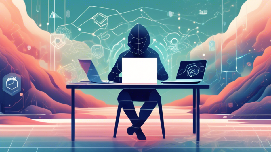 An image of a calm, serene digital landscape with abstract elements, featuring a person sitting peacefully at a computer. Surround the scene with representations of secure connections like shields, locks, and encrypted codes. Integrate VPN icons and privacy symbols that subtly blend into the background, ensuring the focus remains on the sense of security and peace of mind.