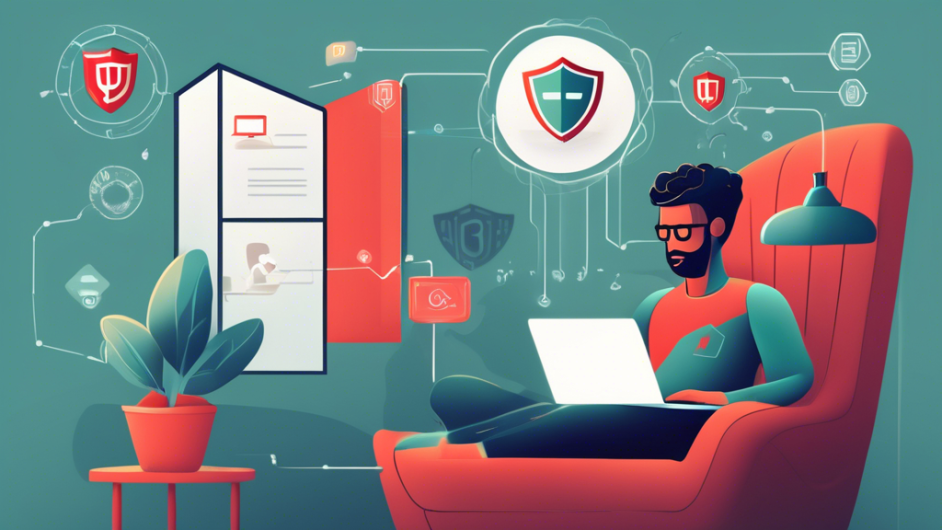 Illustration of a person confidently using a laptop in a cozy home setting, with a shield icon symbolizing McAfee hovering beside them. The background shows subtle graphics of secure connections, encrypted data, and antivirus symbols, representing online privacy protection. The atmosphere should be inviting and reassuring, highlighting the safe browsing experience provided by McAfee.