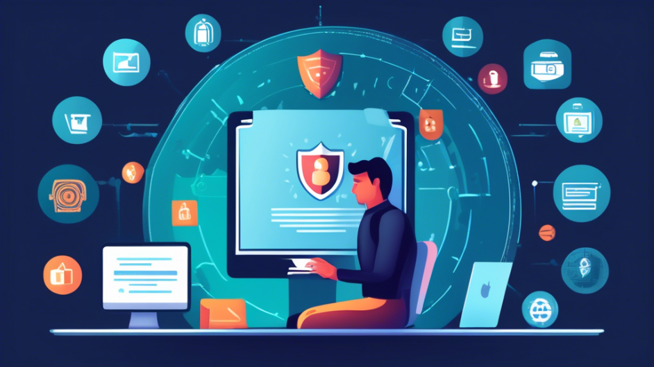 Create an image that illustrates the concept of protecting personal information online. Depict a person sitting at a computer with a secure lock and shield icon on the screen. Surround the scene with symbols like a password, fingerprint, and a shield. Include elements like encrypted messages, antivirus software logos, and two-factor authentication codes to represent security measures. The background should be clean and minimalistic to keep the focus on the protective actions.