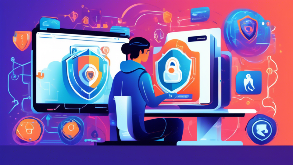 Create an illustration of a person using a futuristic, high-tech browser on a computer, surrounded by symbols of security such as padlocks, shields, and keys. The screen should display features like 'incognito mode' and 'no tracking,' while the background includes icons representing popular privacy-focused browsers like Tor, Brave, and Firefox.