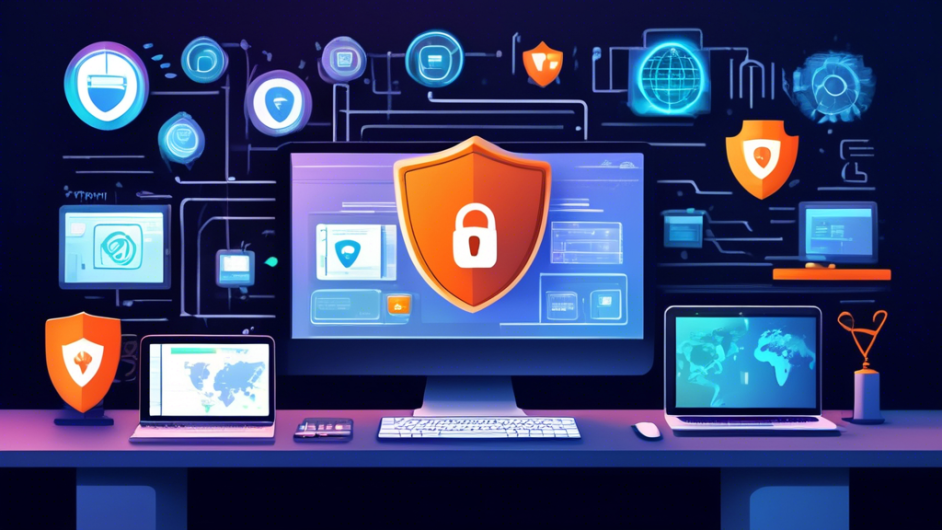 Create a detailed digital illustration depicting various internet privacy tools and software in a modern, sleek workspace setup. The setup includes a computer screen displaying a virtual private network (VPN) interface, antivirus software alert, firewall settings, and encrypted messaging apps. Surrounding the screen, add icons and symbols representing internet privacy such as locks, shields, and secure web connections. The background should feature subtle binary code and padlock motifs, emphasizing internet security and privacy.