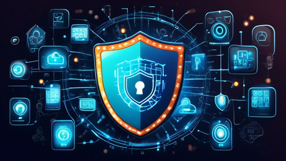 A highly detailed and visually engaging illustration of various online privacy tools, including VPNs, password managers, encrypted messaging apps, and firewalls, surrounding a glowing shield symbol. The background features a digital network with binary code and padlock icons, signifying data protection and security.