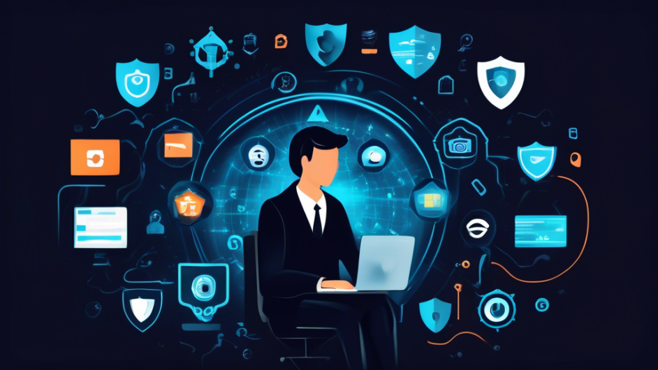 Create an image showcasing a collage of various internet privacy software logos and icons. The background features a dark, secure-looking digital environment with locks, shields, and encrypted data symbols. In the foreground, a person sits confidently at a computer, surrounded by a protective shield, representing the security provided by these top internet privacy software. Include subtle text elements such as Top Picks and Best Internet Privacy Software to convey the article's theme.