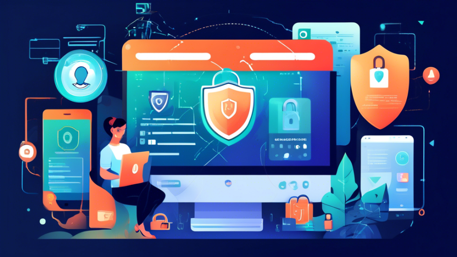 Create a detailed digital illustration that showcases various top strategies for online privacy protection. Include elements like a locked smartphone, a computer screen displaying a VPN connection, two-factor authentication symbol, a padlock icon, a shield with a checkmark, an encrypted email app, and a person using a laptop in a secure environment. The background should feature a matrix-like digital design symbolizing cyberspace.